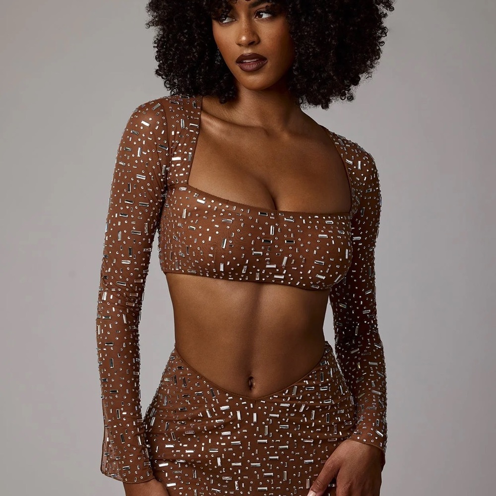 Oh Polly Mocha Brown Sequin Crop Top and Skirt Set